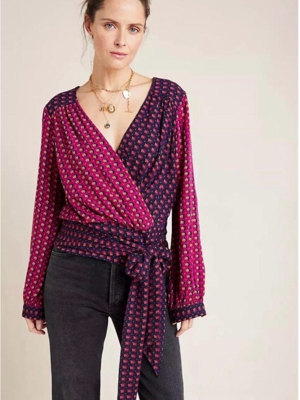 Anthropologie Maeve Lisa Puff Sleeve Faux Wrap Blouse